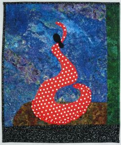 Flamenco Swirl #1, rayon on cotton, © 2014 Joni Beach. Raw-edge applique, free-motion quilting.(Private Collection)